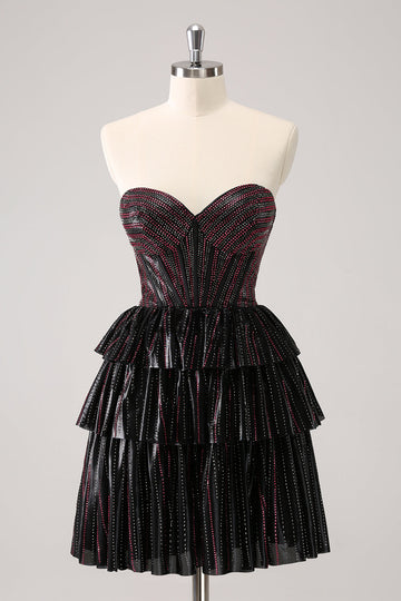 Vestido de cóctel escalonado negro rosa brillante con pedrería